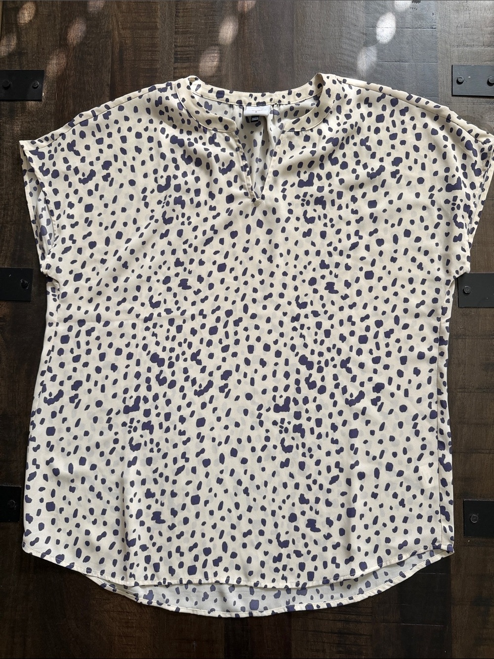 CAbi Cream Short-Sleeve Animal-Print Notch-Neck Top